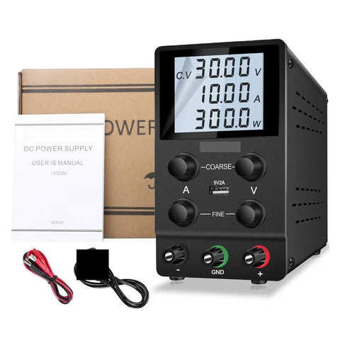 Adjustable DC Power Supply With USB And LCD Display, Regulated Variable Voltage 0 To 30V, 0 To 10A, shown with manual and cables