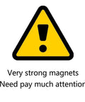 Yellow warning triangle with exclamation about very strong magnets.