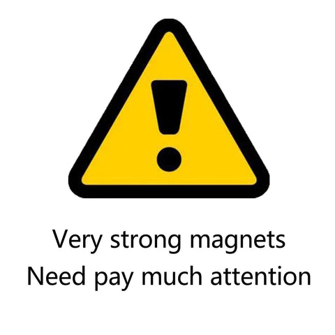 Yellow warning triangle with exclamation about very strong magnets.