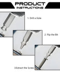 Product instructions for Damaged Screw Extractor Set For Stripped Screws And Bolts showing step-by-step use.