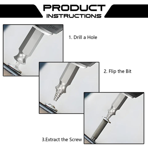 Product instructions for Damaged Screw Extractor Set For Stripped Screws And Bolts showing step-by-step use.