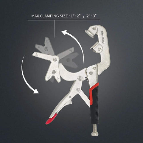 Monster & Master 10-inch welding pipe plier clamp with large V-pads and red/black handle, front view