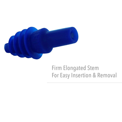 Blue four-flange reusable earplug with noise-blocking fins and firm elongated stem for easy insertion and removal.