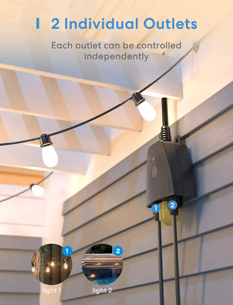 Outdoor Smart Plug With Voice Control And Hands Free Scheduling, Pairs With Siri, Alexa, Google Assistant, HomeKit, And SmartThings, IP44 Weatherproof Outlet, Waterproof Cover, FCC And ETL Certified installed on a wall with string lights connected