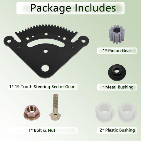 Package contents of 19 Tooth Steering Sector Gear And Pinion Repair Kit for John Deere D and LA Series lawn tractors.