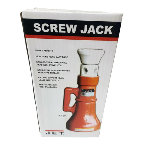 Five Ton Screw Jack With Pivoting Corrugated Head Beefy Heavy Duty Cast Base And No Creep Design For Stable Lifting In Shops Garages And Auto Service Lifts For Maximum Load Handling packaging