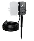 Heavy Duty Outdoor Power Stake With A Rock Solid 100 Ft Extension Cord Providing Six Rain Resistant Outlets For Christmas Lights Backyard Setup Grounded Reliable with black design and protective cover.