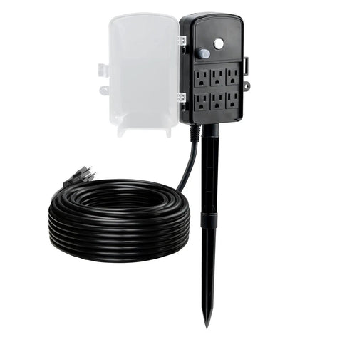100 Ft Heavy Duty Outdoor Power Stake Extension Cord With Six Weatherproof Sockets And 13A Heavy Gauge Cable for outdoor use.