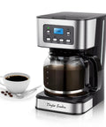 12 Cup Programmable Coffee Maker With LCD Display Brew Regular Or Strong Like A Pro For Home And Office Glass Carafe Pause And Serve Auto Shut Off Black And Stainless Steel with a cup of coffee beside it