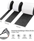 Three black self adhesive felt tape rolls in different widths for furniture and floor protection, 0.16in thick, with measurements.