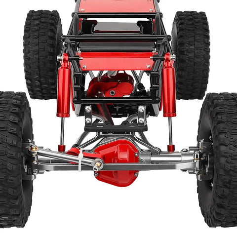 Front view of Beefy 330mm Wheelbase Rock Crawler Frame Chassis With SCX10 Axles Nylon Roll Cage Independent Shocks LCG Transmission Steel Gears One Tenth RC Crawler Upgrade For Axial SCX10 Red.