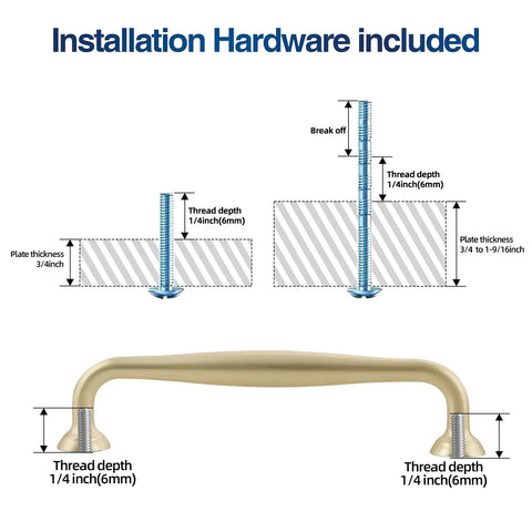 10 Pack Brushed Gold Cabinet Pulls For 5 Inch Center, Boss Style Modern Kitchen Handles, installation hardware diagram