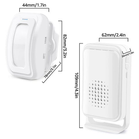 Wireless Motion Sensor Door Chime With 4 LED Indicators And Vibration No Drill Easy Install Doorbell Alarm For Home Office Store School 17 Ringtones And Syncable Alerts Indoor Use, white unit size diagram