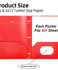 Open red Six Pack 3 Hole Pocket Folders With Card Slots For 3 Ring Binders Colorful 2 Pocket Plastic File Folders showing dimensions