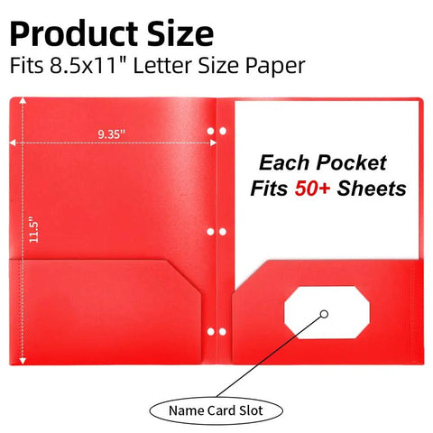 Open red Six Pack 3 Hole Pocket Folders With Card Slots For 3 Ring Binders Colorful 2 Pocket Plastic File Folders showing dimensions