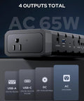 Portable Laptop Battery Bank With 110V 65W AC Outlet featuring USB, USB-C, and DC outputs for fast charging and power backup.