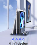 Vertical Laptop Stand For Desk With Dual Slots Space Saving 4 In 1 Design Adjustable Width Laptop Organizer holding laptops upright