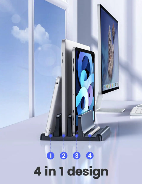 Vertical Laptop Stand For Desk With Dual Slots Space Saving 4 In 1 Design Adjustable Width Laptop Organizer holding laptops upright