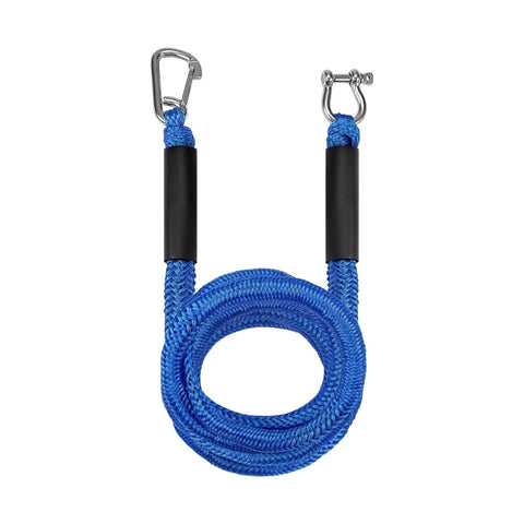 Elastic Bungee Dock Line For Boat Mooring 14 Ft Rope With 316 Stainless Steel Clips coiled on white background.