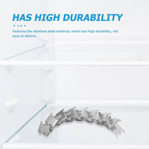 Stainless Steel Refrigerator Shelf Clips Set 8 Pieces Square Support Hooks Freezer Shelf Holders on glass shelf