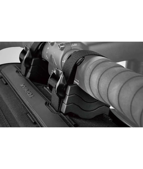 Close-up of Frontloader 8 Liter Bar Bag For Bike Handlebar Mount with quick release straps on black waterproof carrier