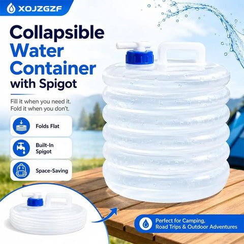 Collapsible Water Container With Spigot For Camping And Road Trips on a wooden table near a lake.