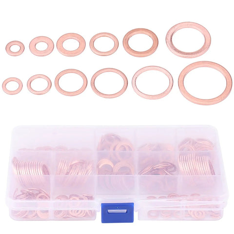All-In-One Copper Washers Set, 280 Pieces in 12 Sizes With Storage Box, showing assorted copper sealing washers
