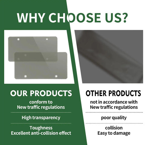 Comparison of clear license plate cover features against competitors, highlighting benefits like transparency and toughness on a split background.