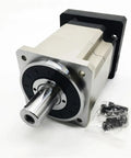 180mm Flange Helical Planetary Gearbox Precision Speed Reducer 42mm Input Ratio Seventy Fits Three To Ten Kilowatt Ac Servo Motors view with stainless steel finish and attached screws.