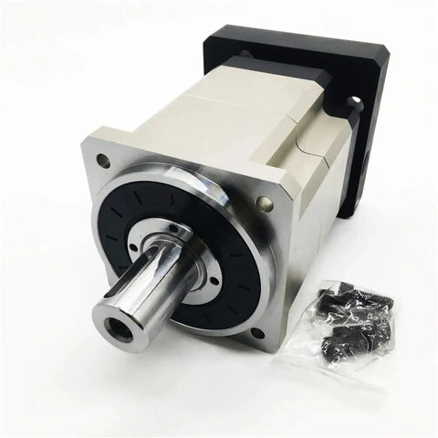 Badass Heavy Duty 180mm Flange Helical Planetary Gearbox Precision Reducer With 35mm Or 42mm Input Shaft Built Smooth For AC Servo Motors Locking Tight A Ratio 50 Setup, front view with polished metal finish and attached screws.