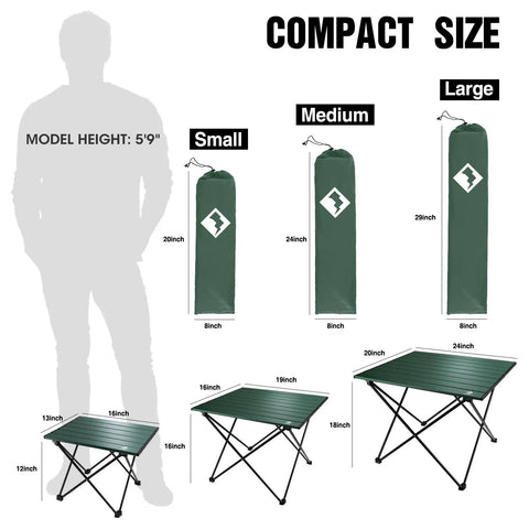 Ultralight Aluminum Camping Side Table With Carry Bag, Portable Beach Table in small, medium, and large sizes with model height comparison.