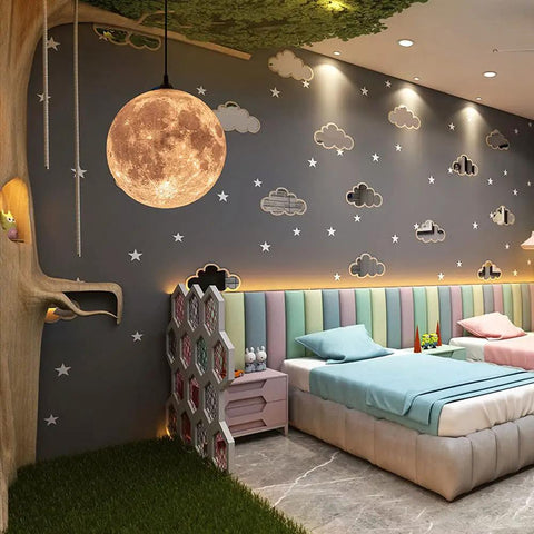 Resin Moon Pendant Lamp With Plug In Adjustable Cord 3D Printed Hanging Ceiling Light Fixture in a children's room setting