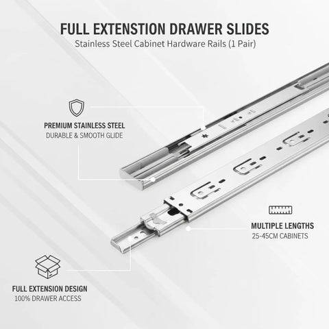Full Extension Drawer Slides In Stainless Steel For Kitchen Cabinets And Desk Upgrades shown with smooth heavy duty rails