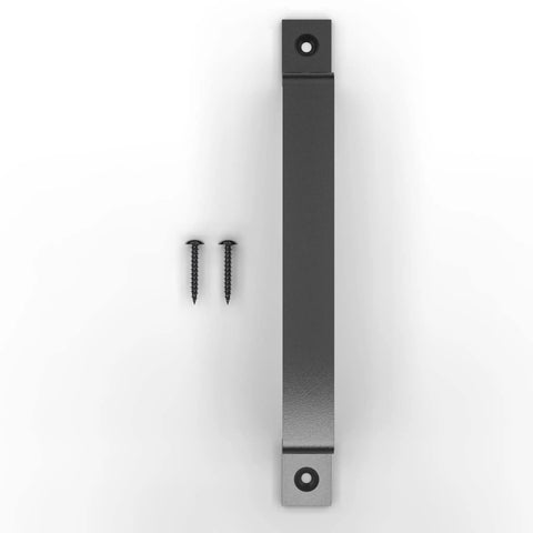 10 Inch Straight Bar Barn Door Handle In Matte Black Cast Iron with screws, front view, for sliding doors, gates, closets.
