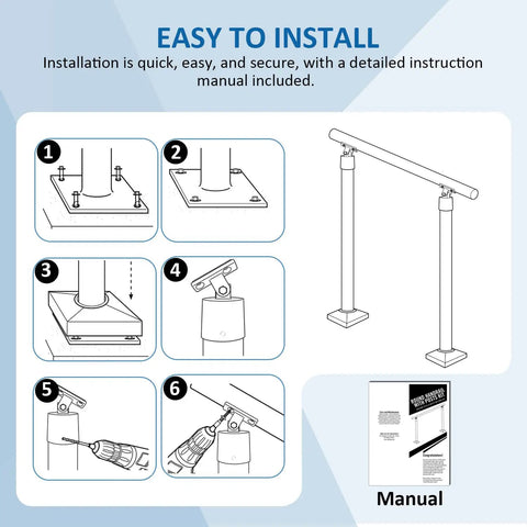 Hella Sturdy Aluminum Round Stair Handrail Kit For Indoor Outdoor Steps And Porch Deck installation steps with manual.