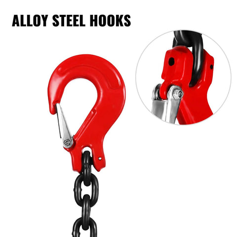 Front view of red alloy steel chain hook with safety latch on black chain sling