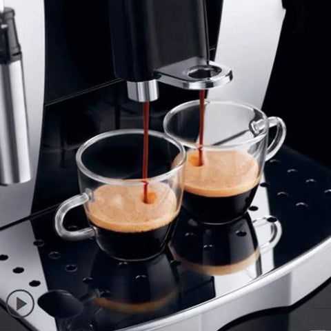 Barista-Grade Automatic Espresso Machine With 15 Bar Pressure, Built-In Grinder, making two espressos into clear cups