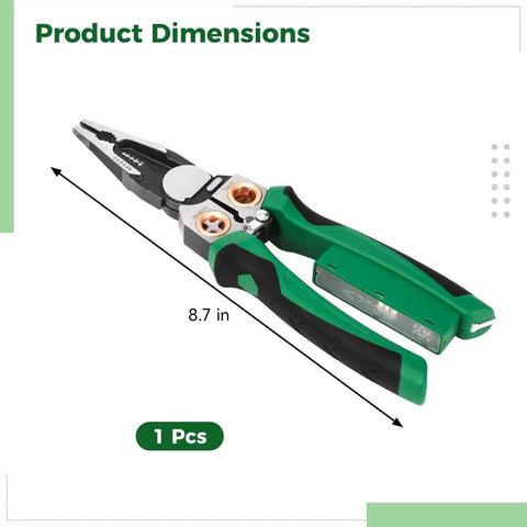 8 In 1 Wire Stripper Pliers Carbon Steel Multi Function Electrician Tool measuring 8.7 inches with ergonomic green grips.
