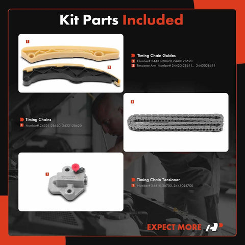 Must-Have Engine Timing Chain Kit With Tensioner For Hyundai And Kia 1.6L DOHC Vehicles showing parts included