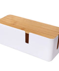 Cable Management Box With Bamboo Lid For Hiding Extension Cords And White Surge Protectors on white background