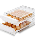 Clear Plastic Egg Holder With Two Layer 40 Egg Capacity Drawer Style Fridge Storage Box For Fresh Eggs showing open drawers with eggs