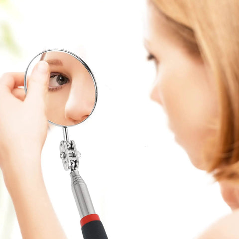 Woman using Three Piece Telescoping Inspection Mirror Set With Round, Square, And Oval Styles For Automotive And Home Use