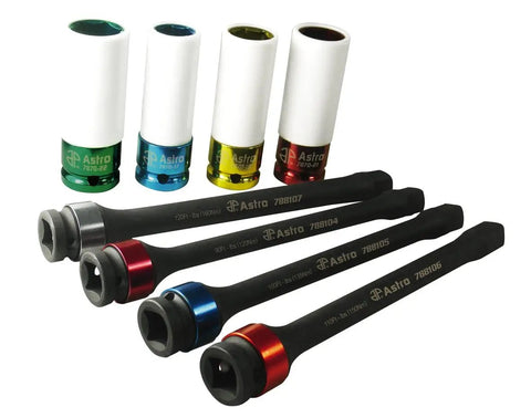 8 Piece Torque Limiting Extension And Protective Impact Socket Set With Color Coded Lug Nut Sockets Includes 90, 100, 110, And 120 Ft Lbs Extensions And Protective Sleeves For Wheel Lug Nut Installations, color-coded sockets