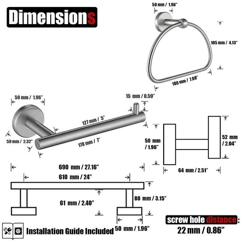 Brushed Finish 5-Piece Bathroom Hardware Set With Wall Mount For Tight Spaces Includes 24 Inch Towel Bar 7 Inch Towel Ring BAS165-BN