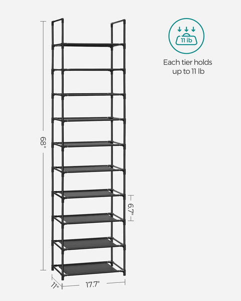 10-Tier Tall Shoe Rack Organizer With Metal Frame And Nonwoven Shelves, Vertical Shoe Storage For Entryway Or Bedroom, Holds About 20 Pairs, Black, Easy Assembly