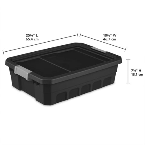Front view of heavy duty plastic bin with recessed lid and latches, 25¾" L x 18⅜" W x 7⅛" H, part of Six Pack 10 Gallon Stackable Storage Totes