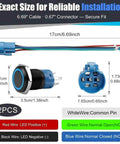 Two Pack 16mm Push Button Switch 12V DC Latching On Off Waterproof LED Blue with Bright Ring, Built Tough Metal Construction, High Visibility, Durable Click Action for Marine, Automotive, DIY Projects. 2PCS wired connector and dimensions shown