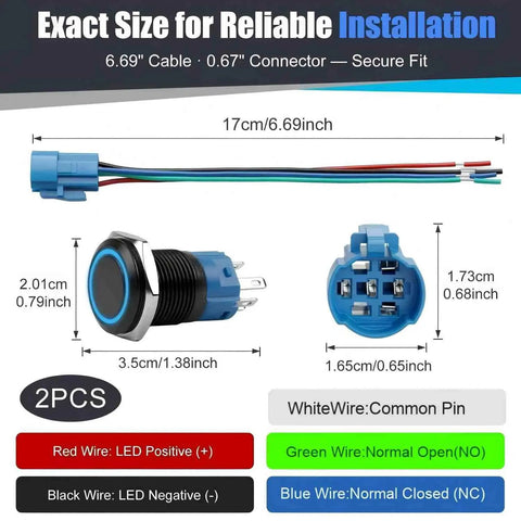 Two Pack 16mm Push Button Switch 12V DC Latching On Off Waterproof LED Blue with Bright Ring, Built Tough Metal Construction, High Visibility, Durable Click Action for Marine, Automotive, DIY Projects. 2PCS wired connector and dimensions shown