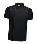 Lock In Your Kitchen Grind With This Fresh Modern Fit Short Sleeve Chef Coat Jacket Double Breasted Breathable Restaurant Catering Uniform Shirt For Dedicated Cooks And Chefs in classic black.
