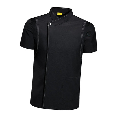 Lock In Your Kitchen Grind With This Fresh Modern Fit Short Sleeve Chef Coat Jacket Double Breasted Breathable Restaurant Catering Uniform Shirt For Dedicated Cooks And Chefs in classic black.